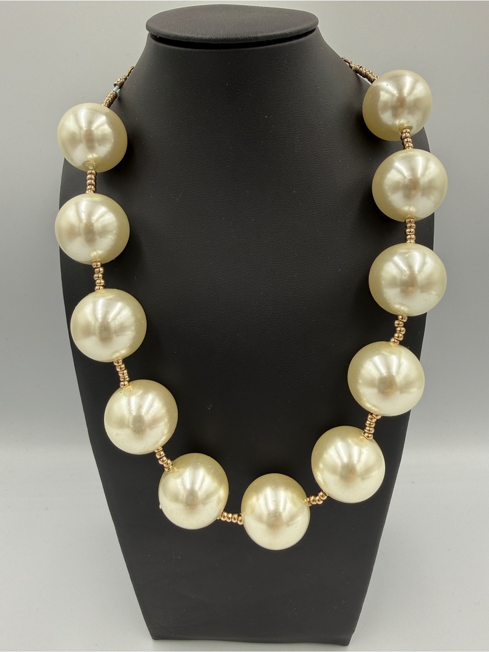 Oversized Cream Faux Pearl Gold Tone Beaded Statement Necklace Adjustable